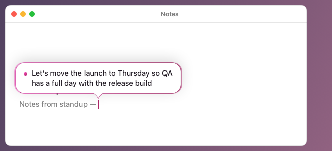 Utter’s speech balloon above the cursor in Notes, showing the words as they are heard
