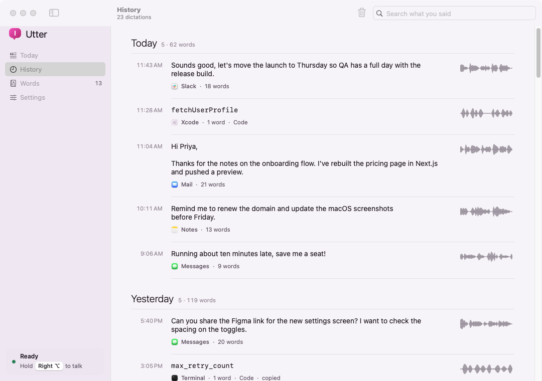 Utter’s searchable History of dictations with apps and voiceprints