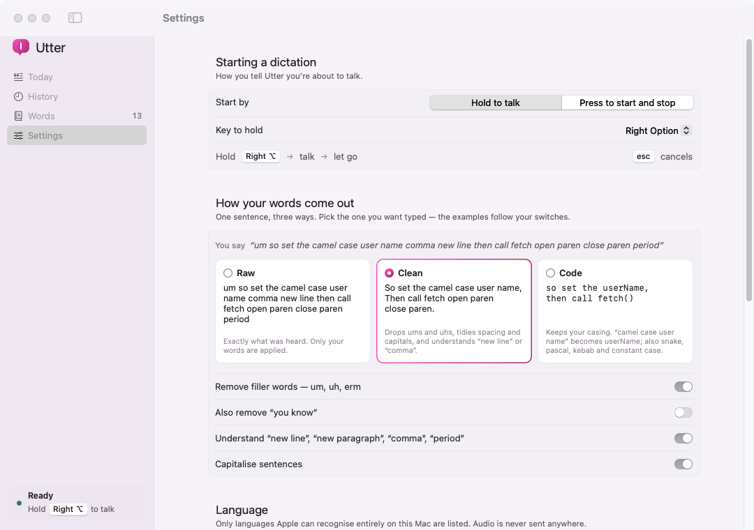 Utter’s Settings: hold to talk, and one sentence shown in Raw, Clean and Code