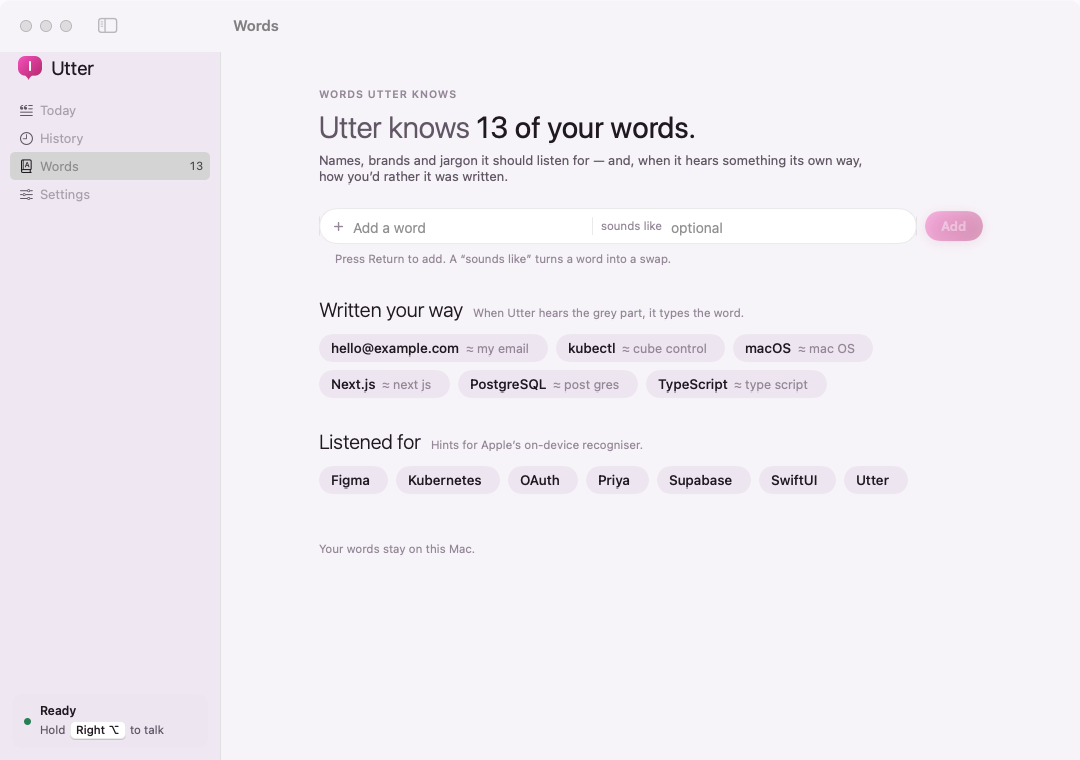 Utter’s Words screen: words written your way and words it listens for